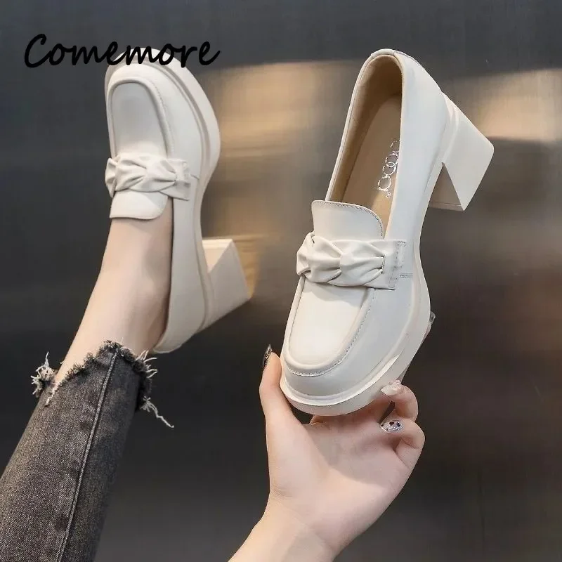 Comemore Black Chunky Heel Office Loafers Spring Autumn Women England Leather Shoes Retro Slip on Pumps 2023 Women's High Heels