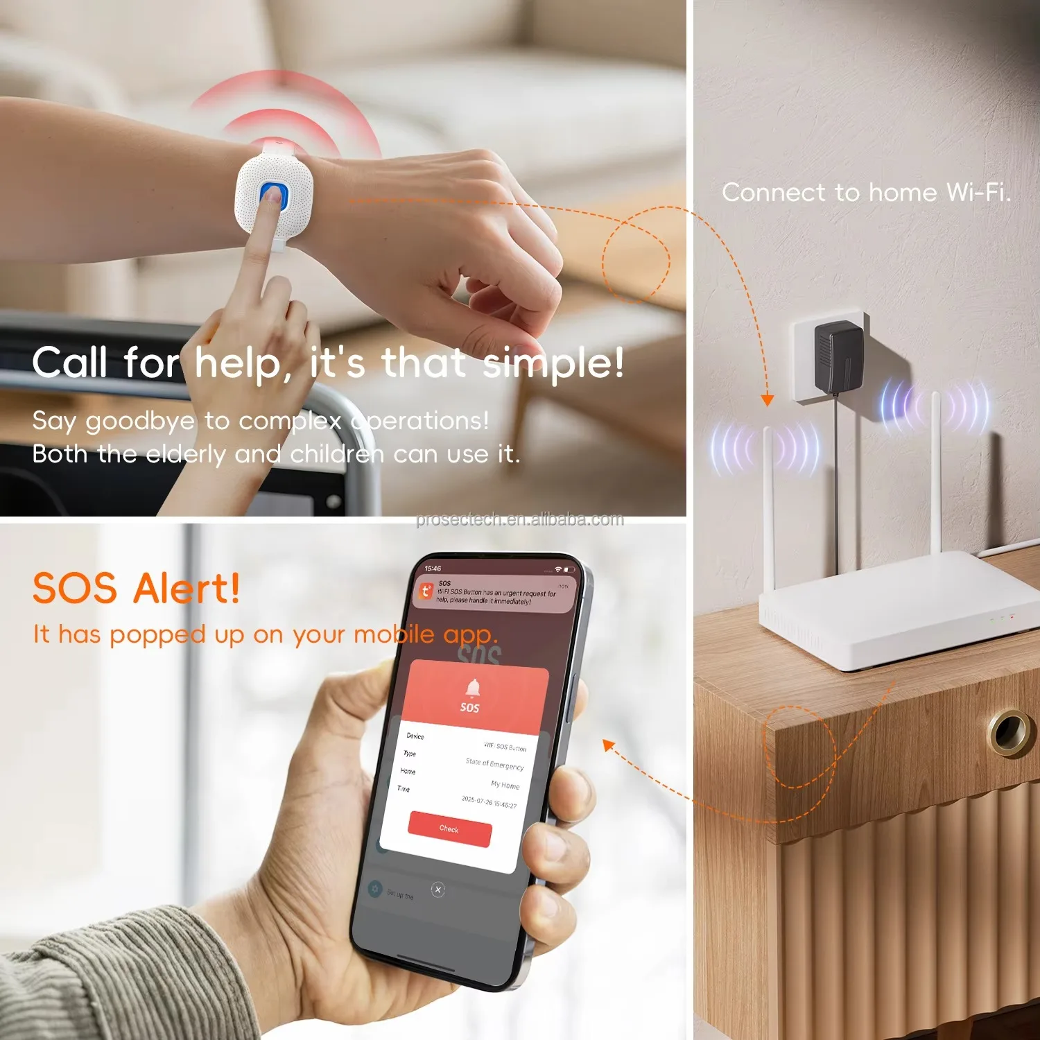 Tuya 스마트 WiFi Sos 패닉 버튼 내장 배터리, 노인/임산부/어린이를 위한 알람 USB 충전 APP 알람 방수