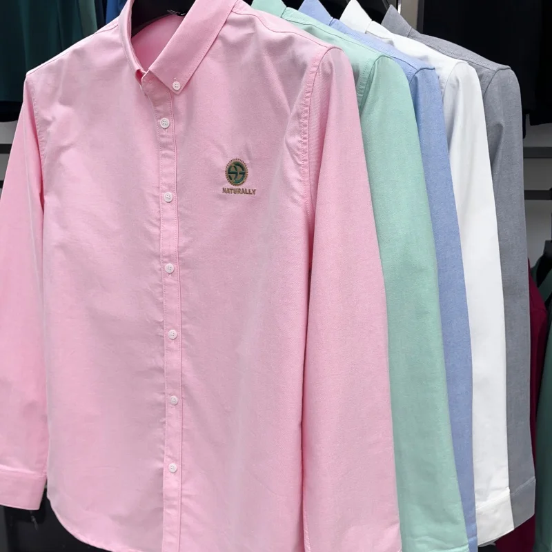 cotton100% men's high quality autumn long sleeves shirt lapel embroidery solid color t-shirt leisure fashion men's clothing tops