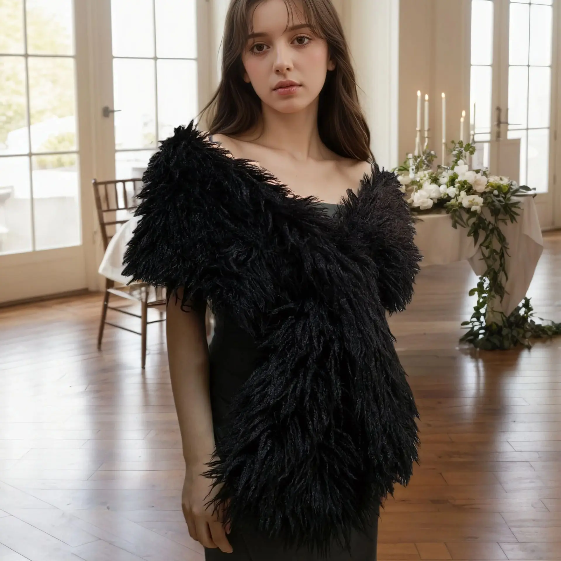 

A Handcrafted Long Plush Curly Wool Comfortable Multi-Colored Shawl for Women, Elegant and Noble, Suitable for Weddings, Parties, and Everyday Use Wedding Shawl, High-End and Elegant