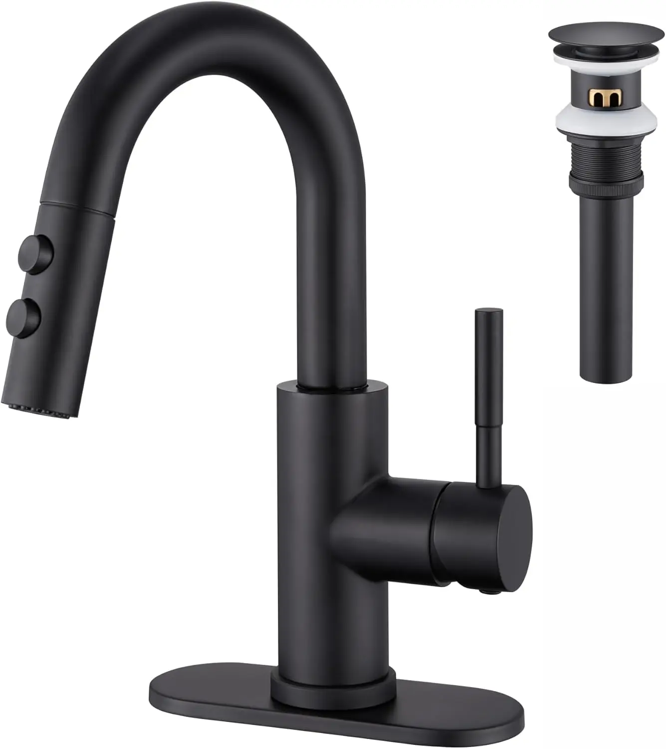 

Matte Black Single Handle Pull Out Faucet with Sprayer and Pop-Up Drain for Bathroom Sink, 1 or 3 Hole Installation