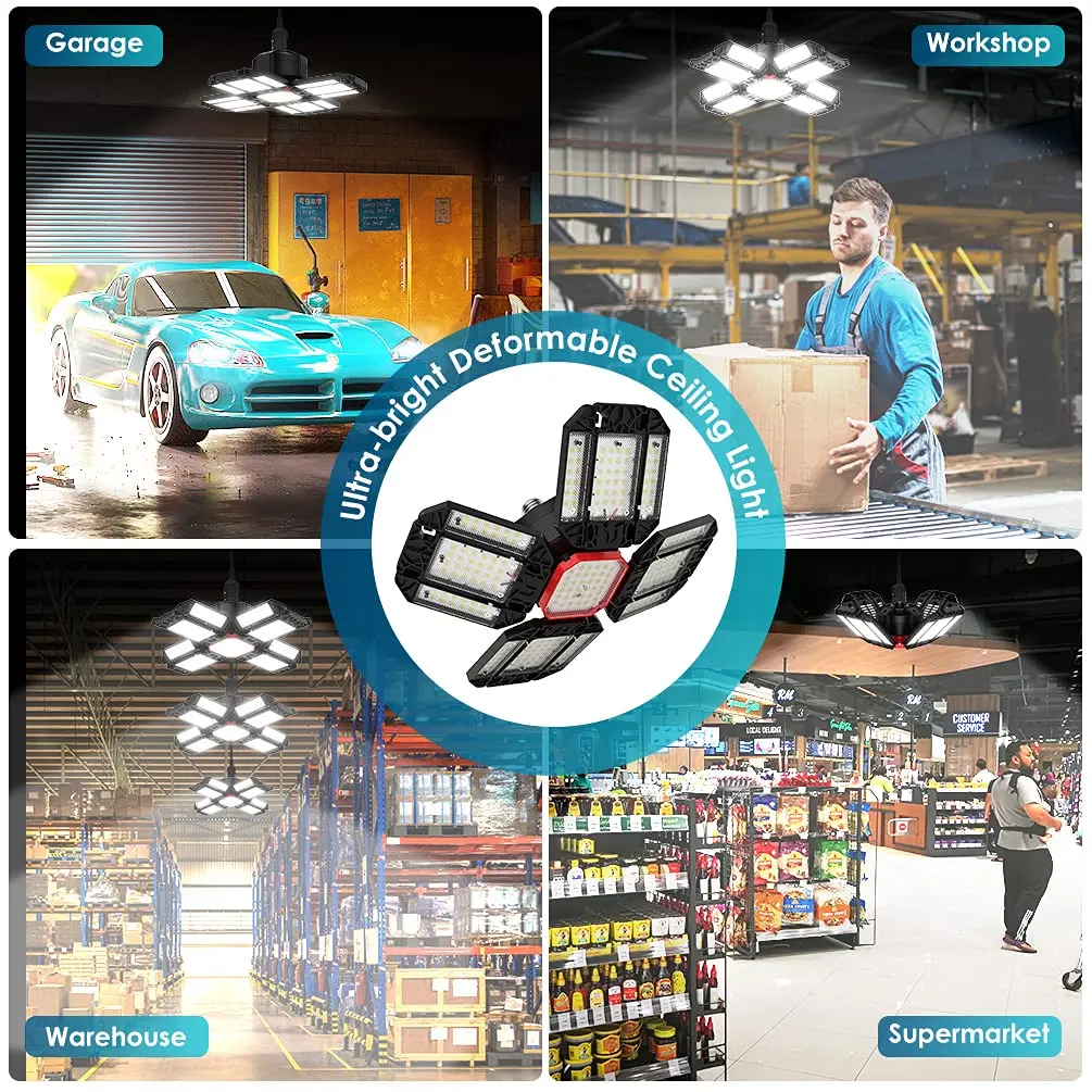 1-2 PCS Deformable LED Bulb Garage Light with 12 Adjustable Panel LED Night Lamp E26/E27 Ceiling Lighting for Workshop Warehouse