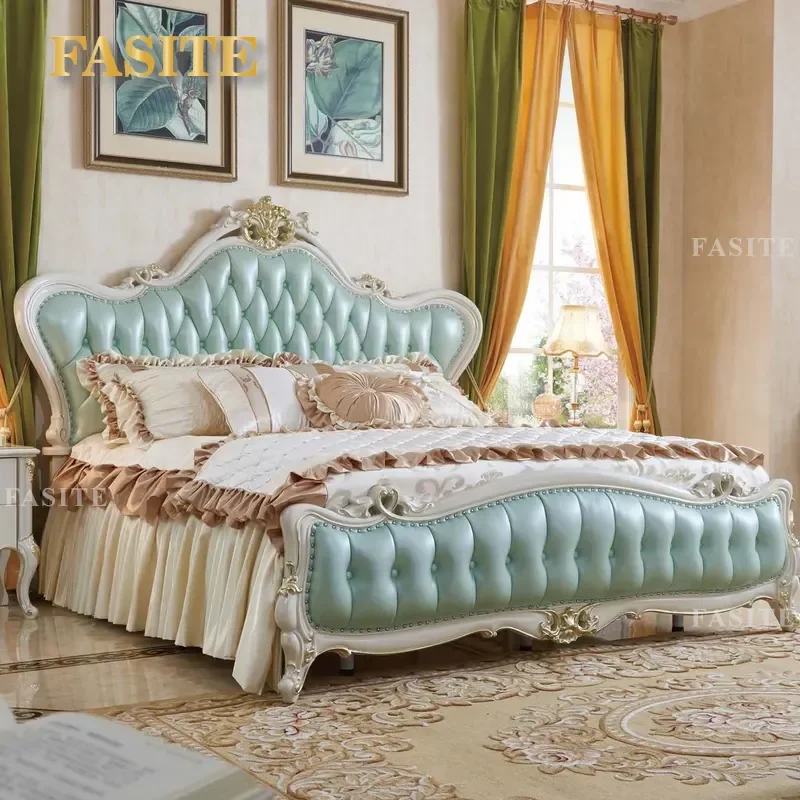 For French Luxury Royal Bedroom Furniture Leather Upholstered Double Bed European Modern Carved Wooden King Size Frame