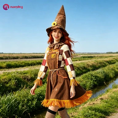 Gruselhaftes Vogelscheuchen-Zauberer-Kostüm für Frauen Erwachsene Halloween Karneval Zirkus Kleid Purim Maskerade Cosplay Faschingsoutfit