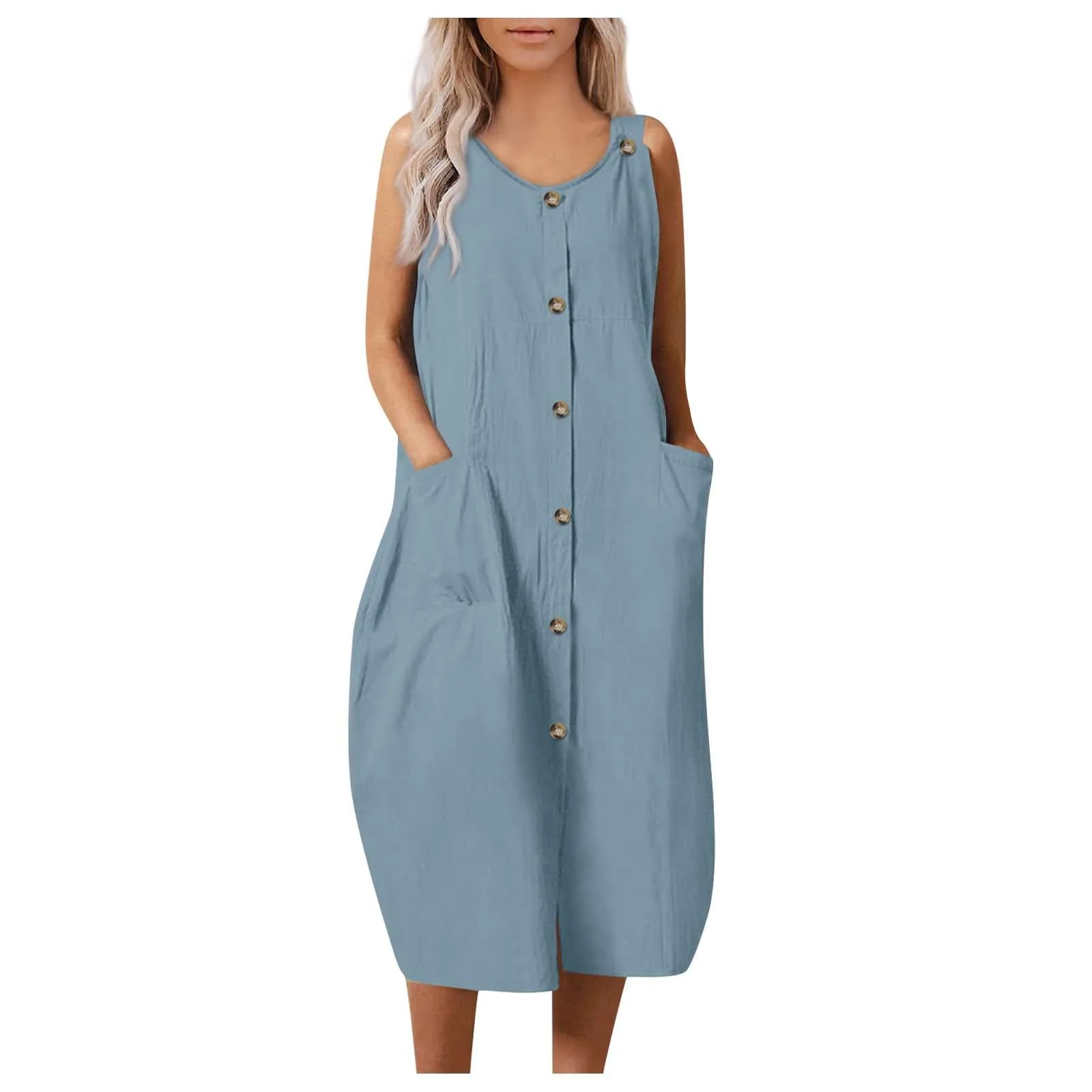 Women's Midi shirt dress Fashion Sleeveless Adjustable Sling Dress with pocket Loose and comfortable dresses vestidos curtos