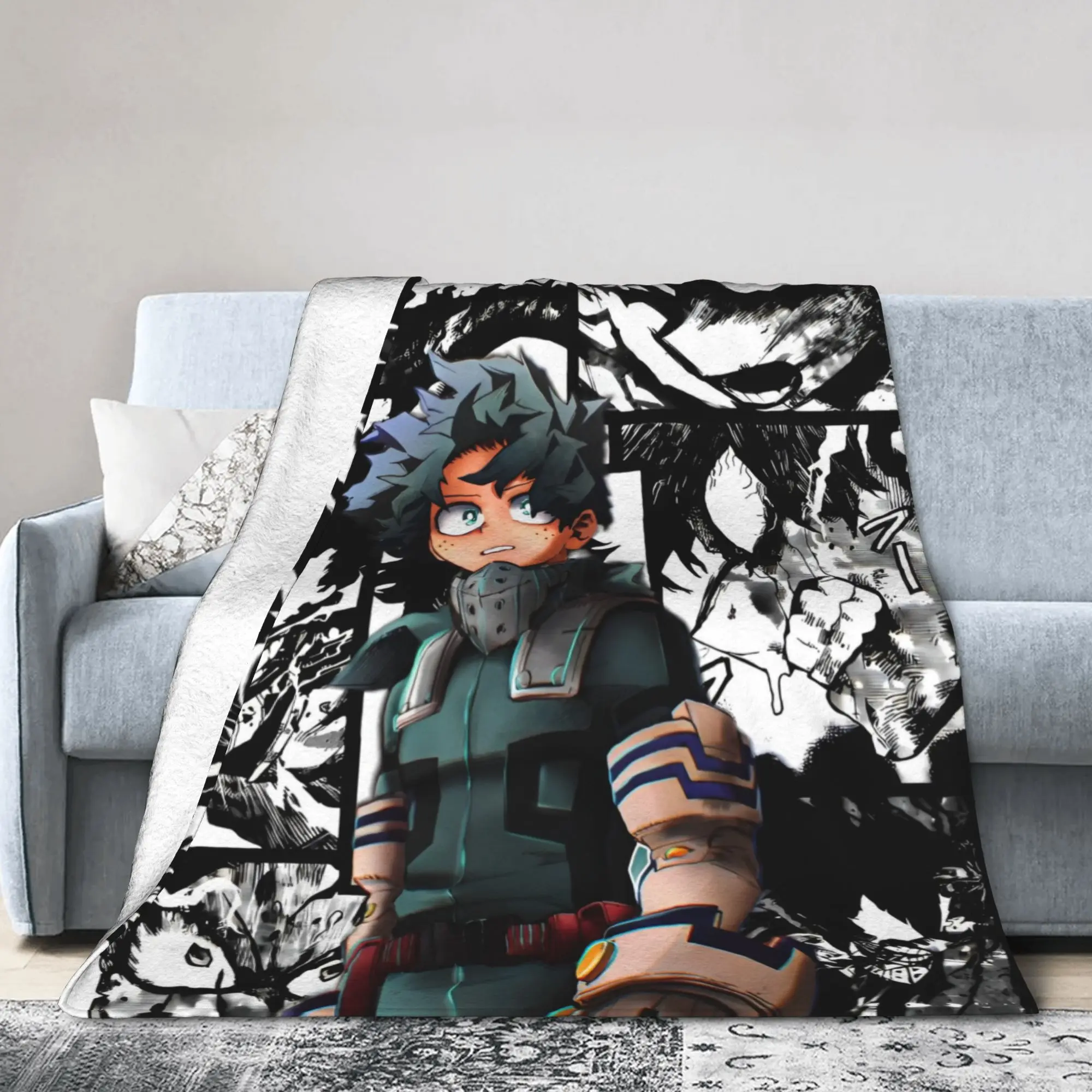 MHA Anime Izuku Midoriya Fuzzy Blanket Japanese Anime Customized Throw Blanket for Home Hotel Sofa  150*125cm Bedspread,