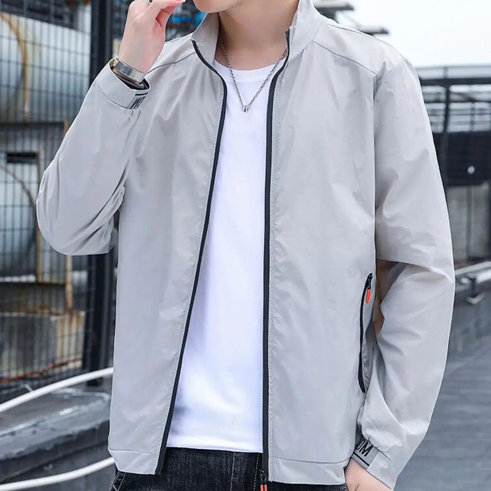 

Male Sunscreen Jacket Long Sleeve Pocket Zipper Windbreaker Stand-up Collar Elastic Cuff Summer Camping Jacket Ultrathin Top