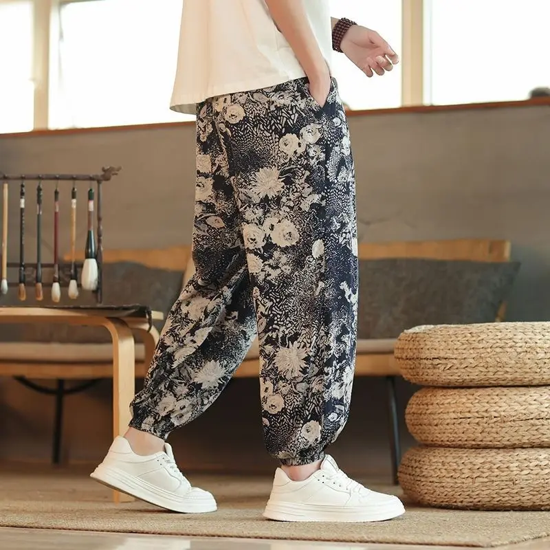Men's Summer Loose Fit Ice Silk Pants Ethnic Printed Wide Leg Beach Trousers Casual Drawstring Joggers