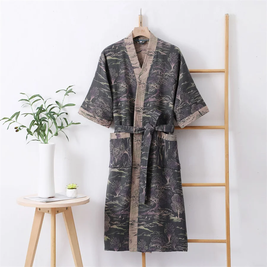 Summer Couple Dressing Gown Double Layer Gauze Bathrobe Men Shower Robe Loungewear Women V-neck Kimono Sleepwear Night Dress