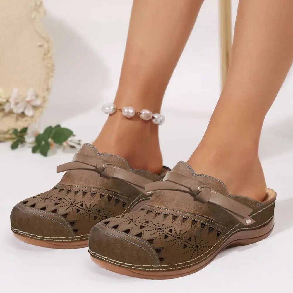 Women Round Toe Slippers Womens Vintage Closed Toe Mules Arch Support Slip-on Clogs Wedge Sandals for Wear Beach Outings