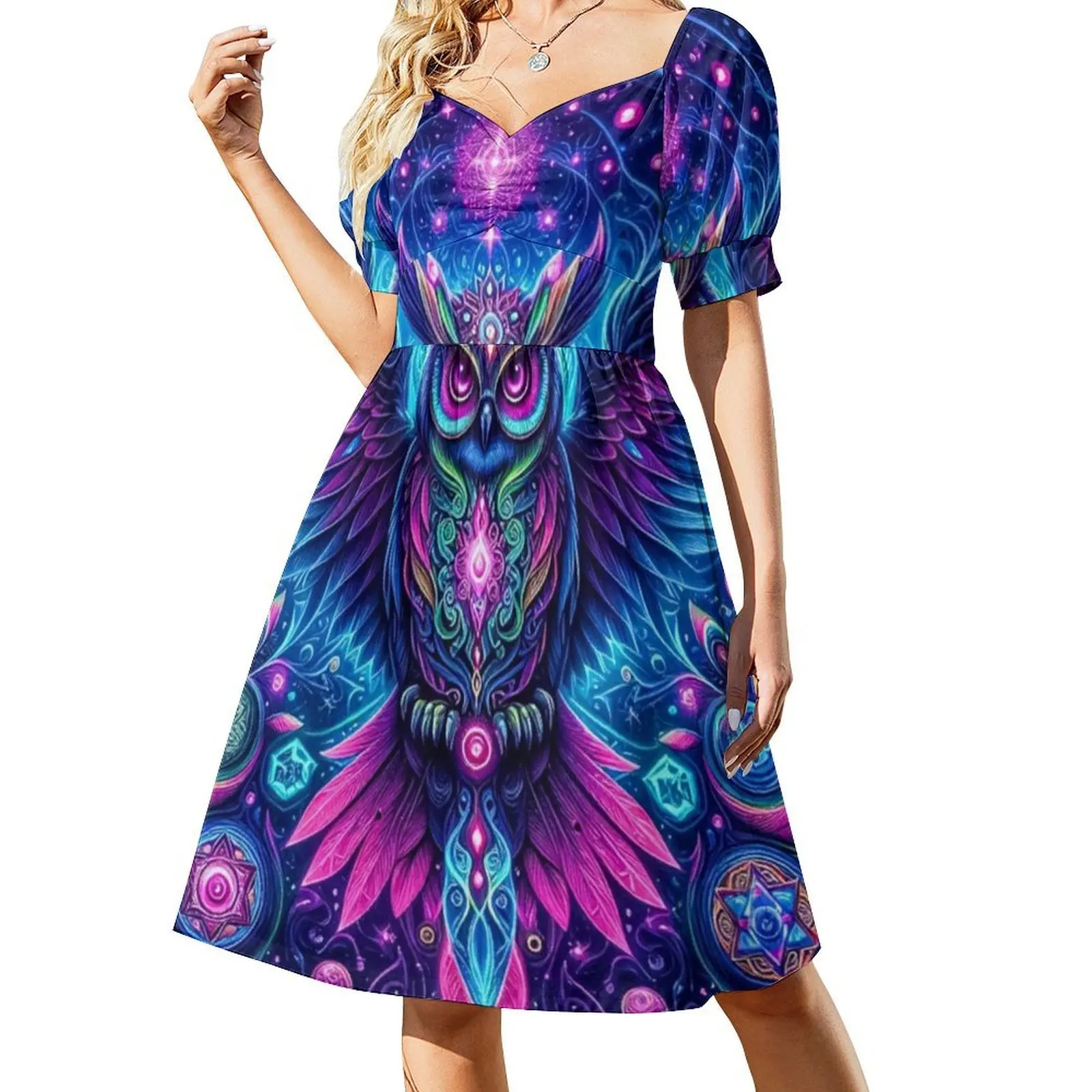 البومة الغامضة: فستان بوهيمي عتيق من Ethereal Neon Galaxy Celestial Magic بأكمام منتفخة أو خيارات بدون أكمام لفستان النساء #2