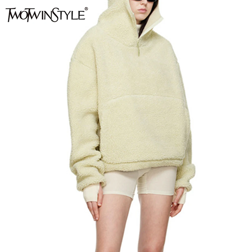 

TWOTWINSTYLE Lamb Wool Sweatershirts For Women Hooded Long Sleeve Patchwork Zipper Minimalist Loose Sweatershirt Female Clothing