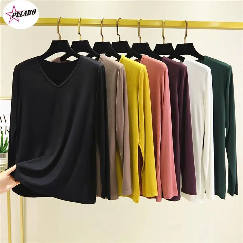 PULABO Modal V-neck Long-Sleeved T Shirt Women's Autumn y2k All-match Shirt Solid Color Slim T-Shirts Tees Tops y2k