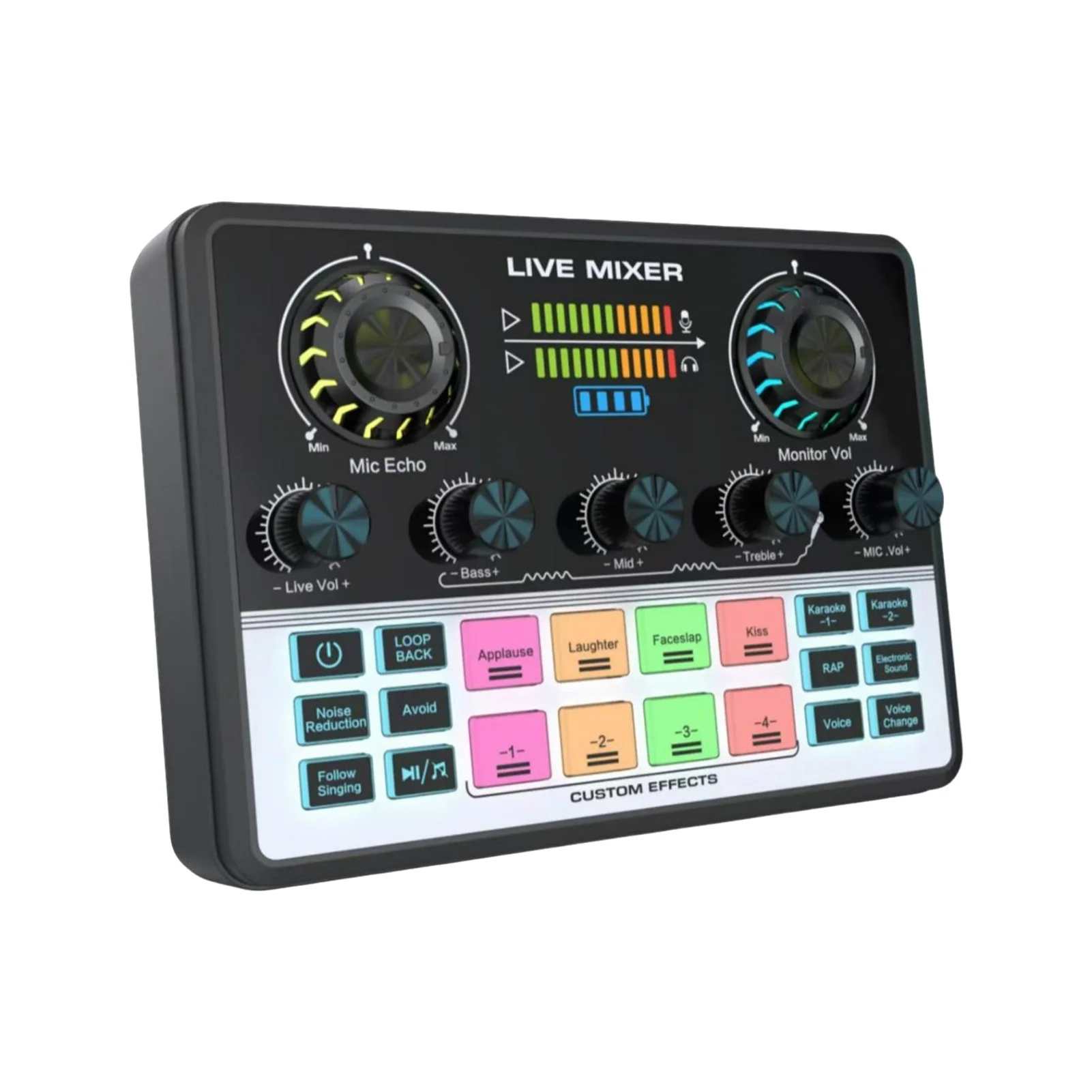 Live Streaming Sound Mixer Sound Card Rechargeable Plug and Play Adjustable Bass Treble Noise Reduction Colorful Indicator Light