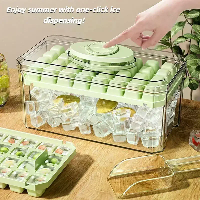 Commercial Grade Ice Cube Tray 2Pcs Set 64 Lattices with Lid & Ice Bin Easy Clean for Bar Cafe Restaurant Cold Drinks