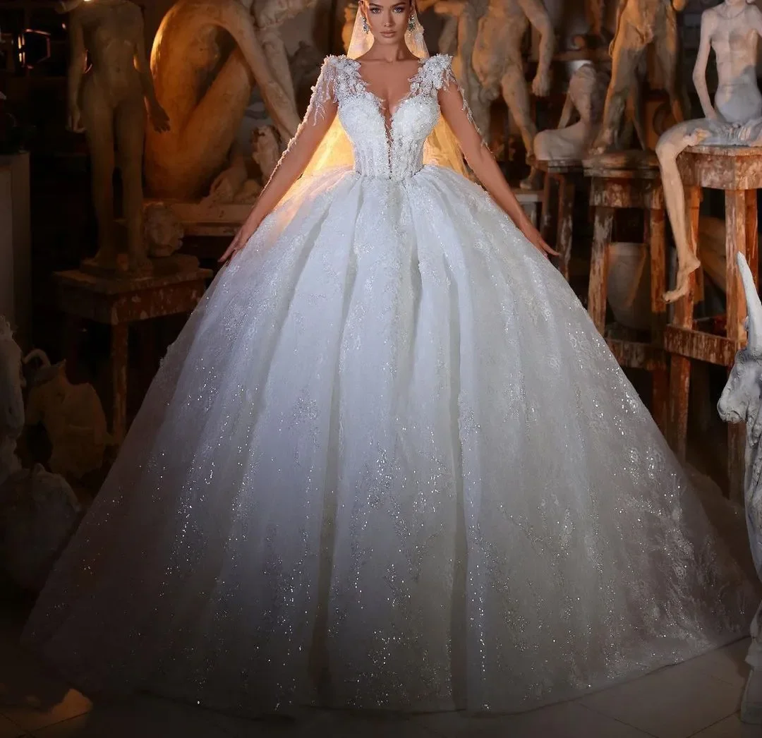

Customized New Luxury White A-Line 3D Lace Bead Embroidery Wedding Dress V-Neck Long Sleeved Formal Bridal Gown Vestido De Novia