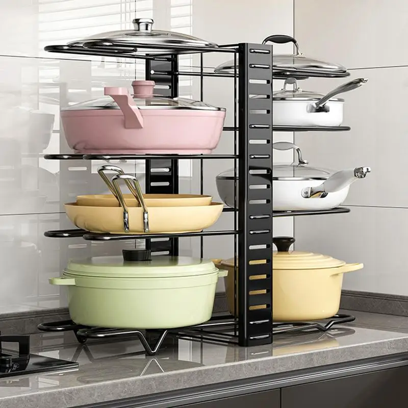 8 Tiers Pan Pot Organizer Rack 3 DIY Methods Adjustable Cabinet Pantry Pots Lids Storage Rack Kitchen Organization