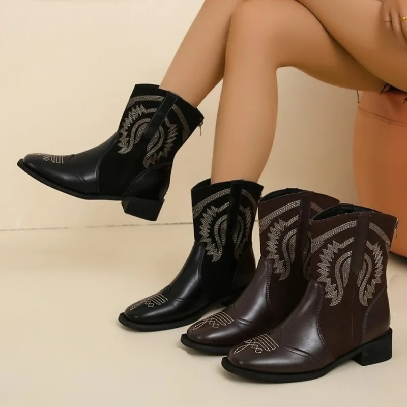 Spring and Fall New Style Fashion Pointy Solid Color Women's Mid-calf Boot with Mid-heel Sleeves Embroidered Western Cowboy Boot