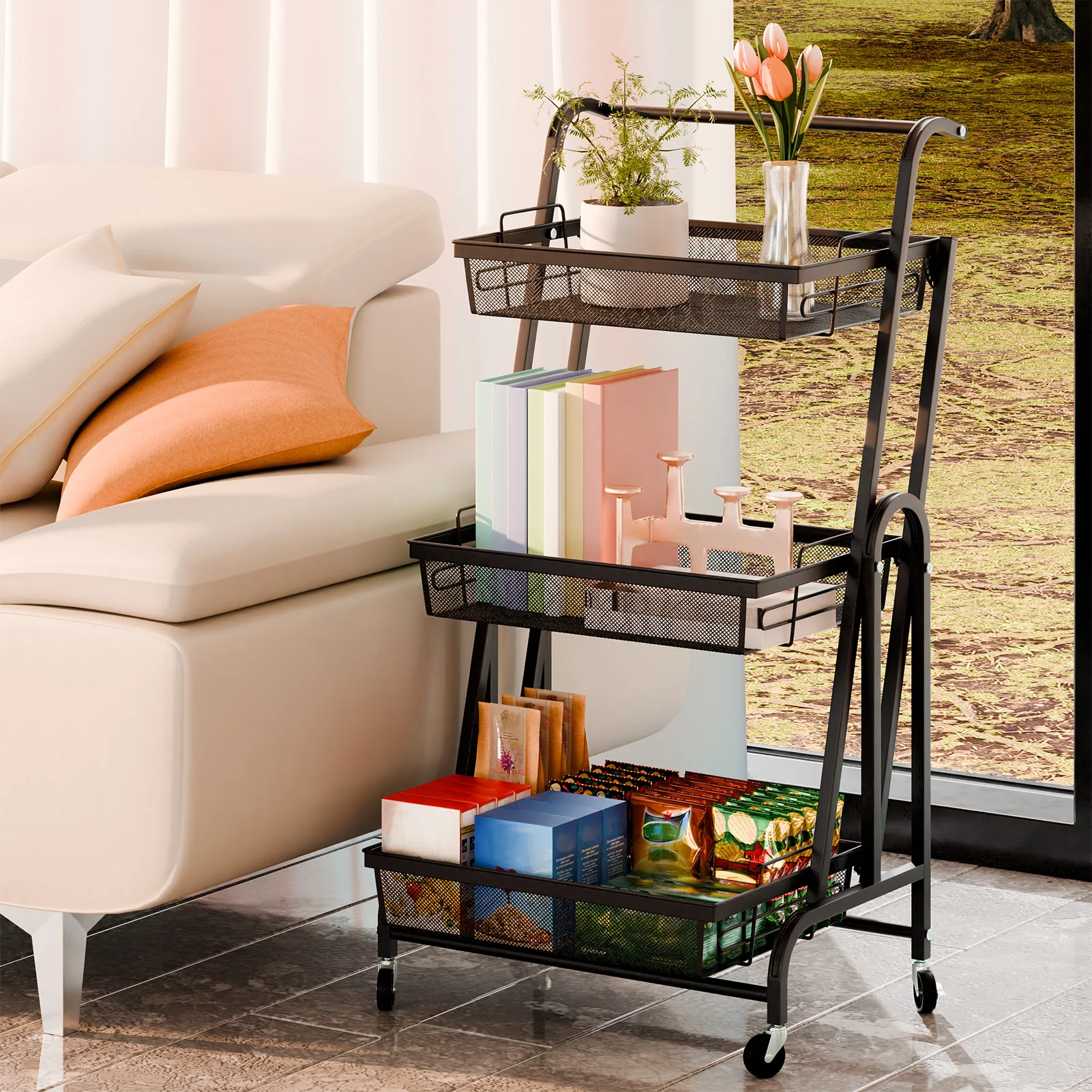 3-Layer Rolling Foldable Metal Storage Cart With Detachable Mesh Basket Space-Efficient Fruits Vegetables Organizer Storage Rack