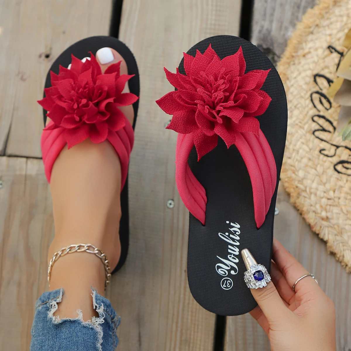 Women's Mix Color Red Flower Flip Flops Summer Plus Size 36-45 Beach Fashion Flat EVA Slippers Woman Comfortable Platform Slides