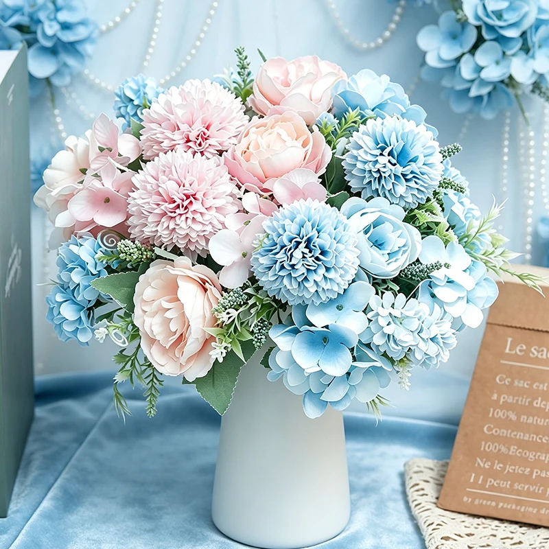 Baby Nursery Equipment - 4パック パステルブルーとピンクのミックス造花茎、フェイクピオニーとアジサイのポンポンブーケフィラー、ジェンダーリビール、ベビーシャワー、保育園の装飾、ブライダルシャワー、ダイニングテーブルのセンターピース、屋内花瓶の飾り、家の装飾に最適な柔らかいフラワーアレンジメント