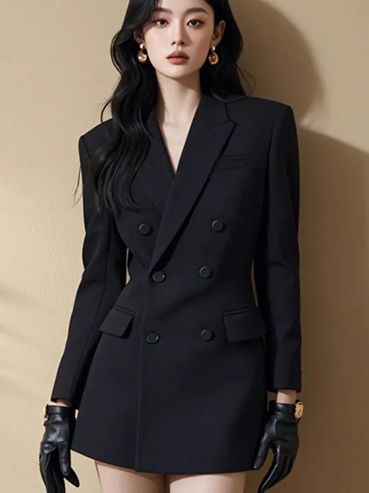 

Весенне-осенний новый элитный офисный женский пиджак, платье, корейский тонкий двубортный темпераментный элегантный костюм, пальто, черная верхняя одежда