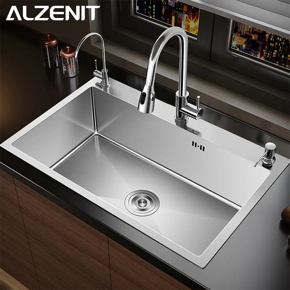 Stainless Steel Kitchen Sink Farmhouse Above Counter Undermounter Single Bowel Wash Basin With Gourmet Faucet Drain Accessories