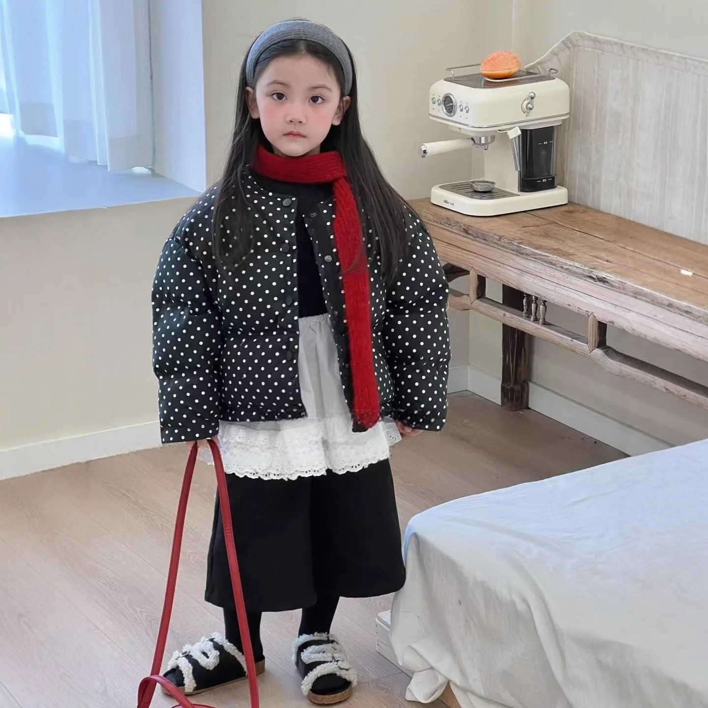 

Korean Winter 2-8Y Kids Girls Parkas Dot Print Children Girls Padded Outerwear Coat Round Collar Warm Velvet Infant Girl Jackets