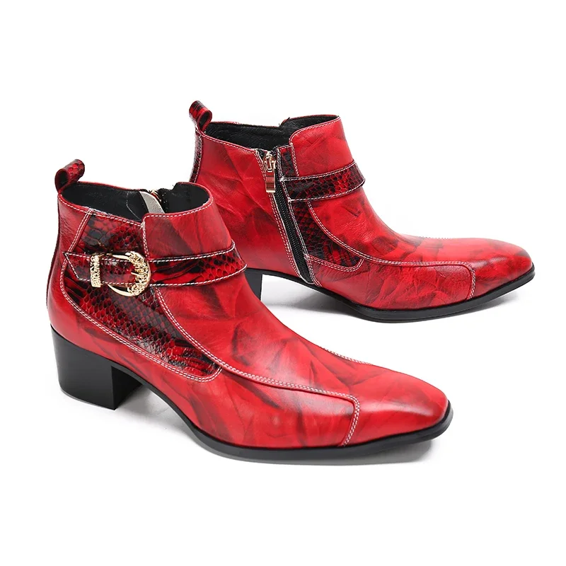 

Botas Plus Size Winter Italian Red Pointed Toe Man boots Buckle Genuine Leather Formal Ankle Boots Male Wedding Party Dress Boot