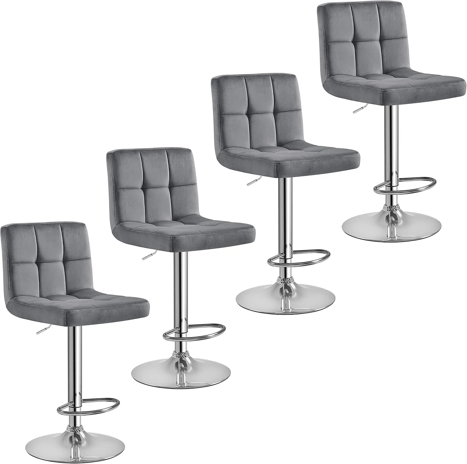 Yaheetech X-Large Velvet Bar Stools Adjustable Counter Height Swivel Stool Armless Chairs Set of 4 Bigger Base Velvet Dark Grey