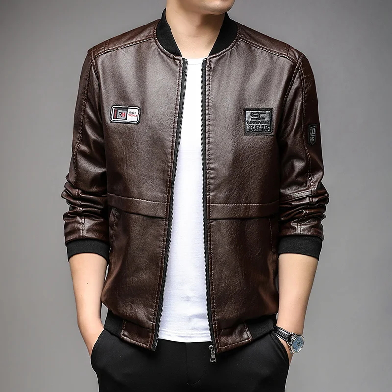 Top Grade New Brand Fall Winter Designer Casual Biker Fashion Plain Faux PU Men Leather Jacket Motorcycle Coats Men Clothing