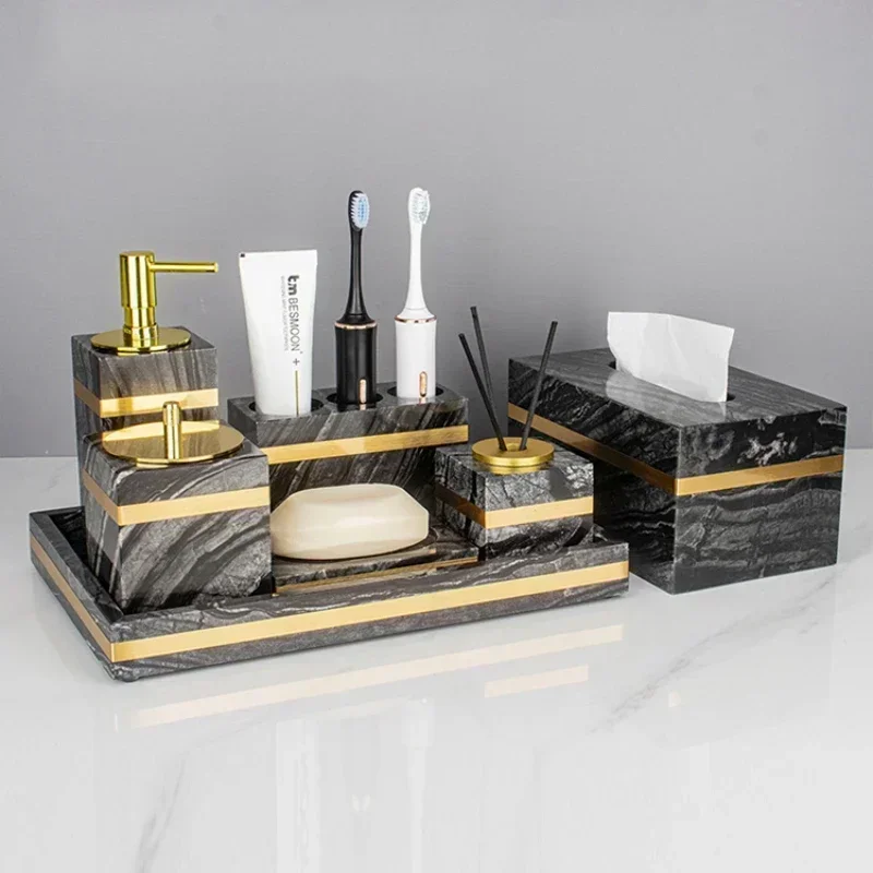 Luxury natural ancient wood grain marble bathroom eight piece home desktop hotel wash basin tray lotion bottle storage ornaments