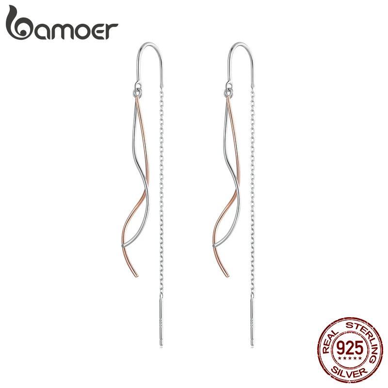 Bamoer 925 Sterling Silver Two-Tone Tassel Threader Drop Earrings Long Chain Ear Line SCE1600