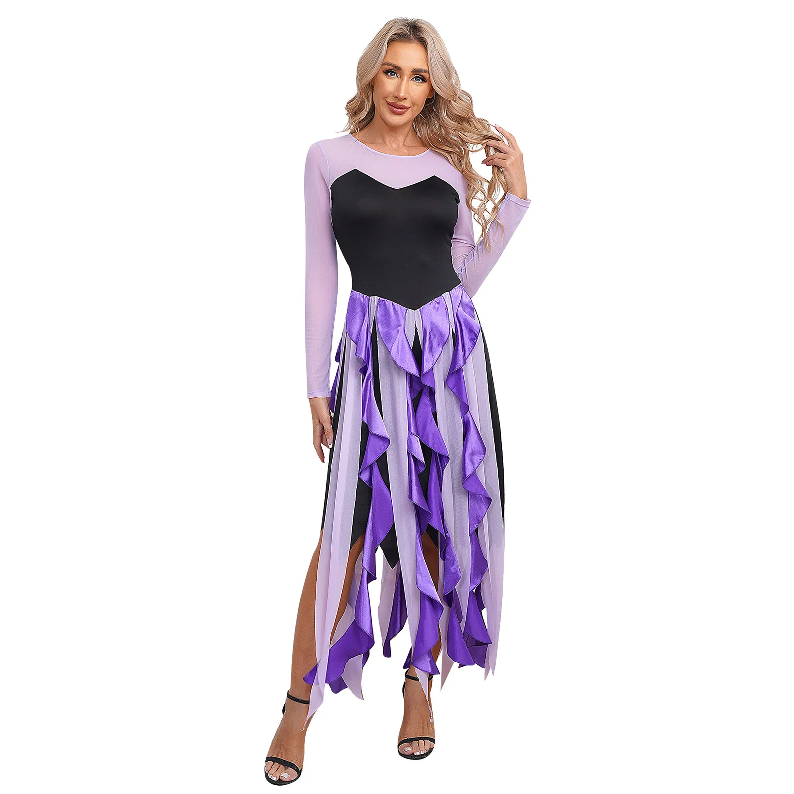 Women Mermaid Octopus Sea Witch Ursula Cosplay Costume Long Sleeve Sheer Mesh Asymmetrical Dress for Halloween Carnival Party