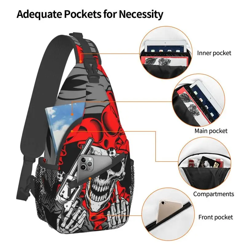 Fashion Funny Jokers Skull Gun Sling Crossbody Backpack Men Gothic Skeleton Shoulder Chest Bags for Travel Cycling