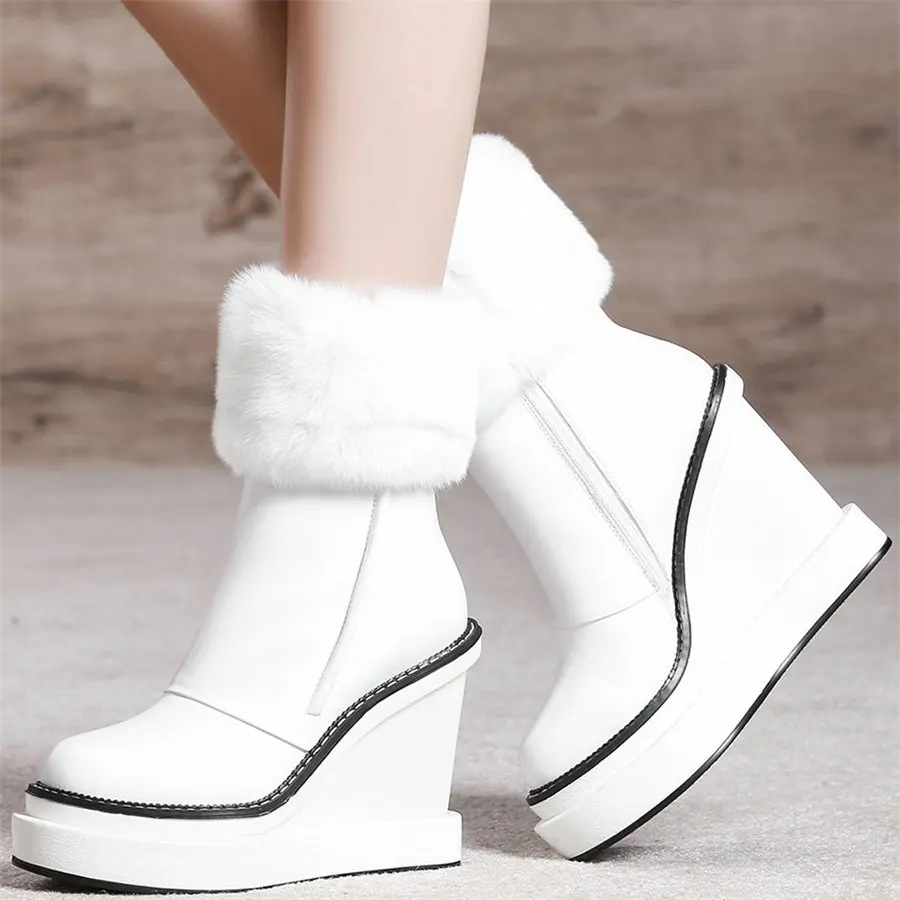 Winter Warm Rabbit Fur Pumps Women Genuine Leather Wedges High Heel Snow Boots Female Round Toe Fashion Sneakers Casual Shoes