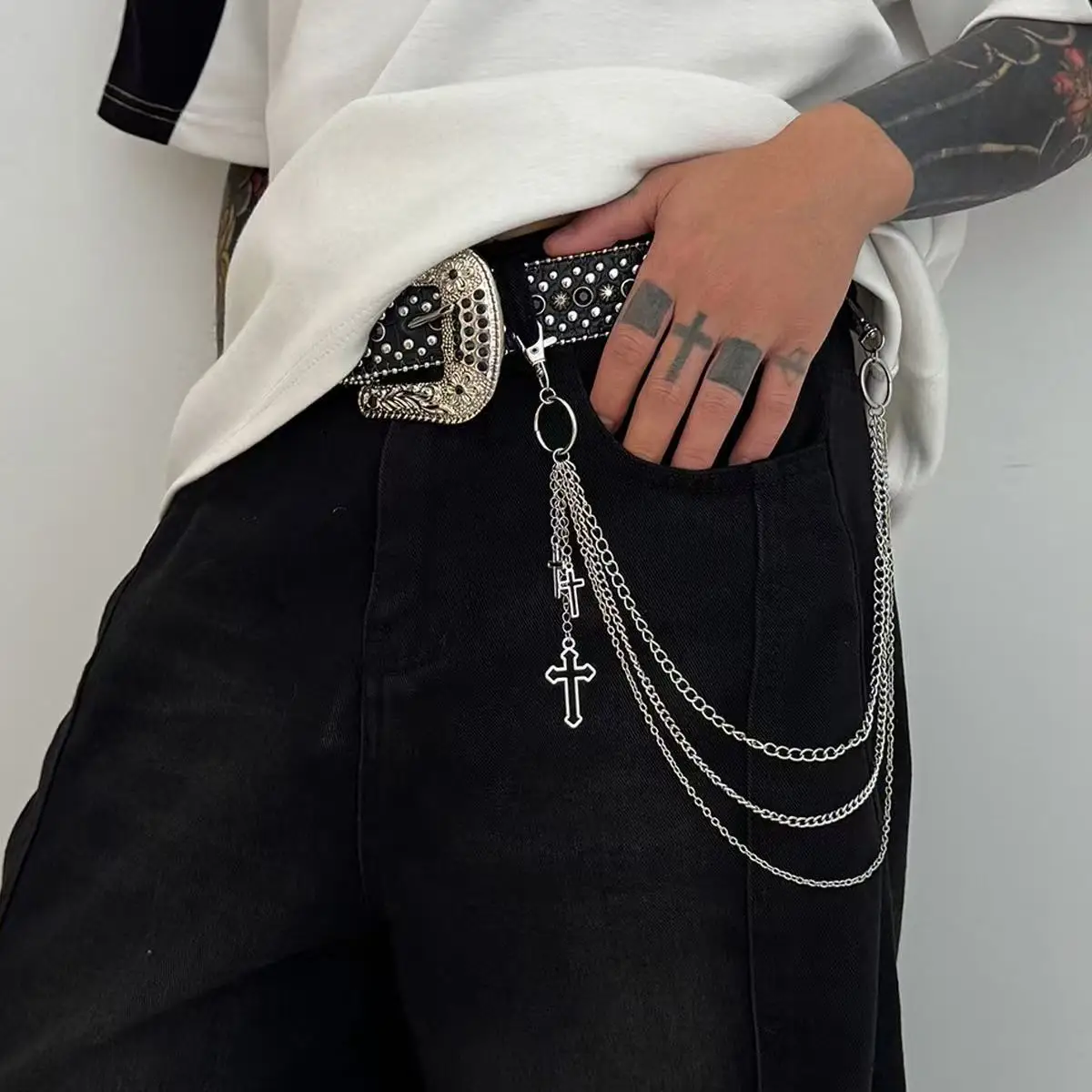 Cadena para pantalones con diseño de cruz gótica, estilo Y2K, para jeans de hip hop, cadena para pantalones de estilo punk, cadena para cartera, joyería de estilo urbano para hombres y mujeres.