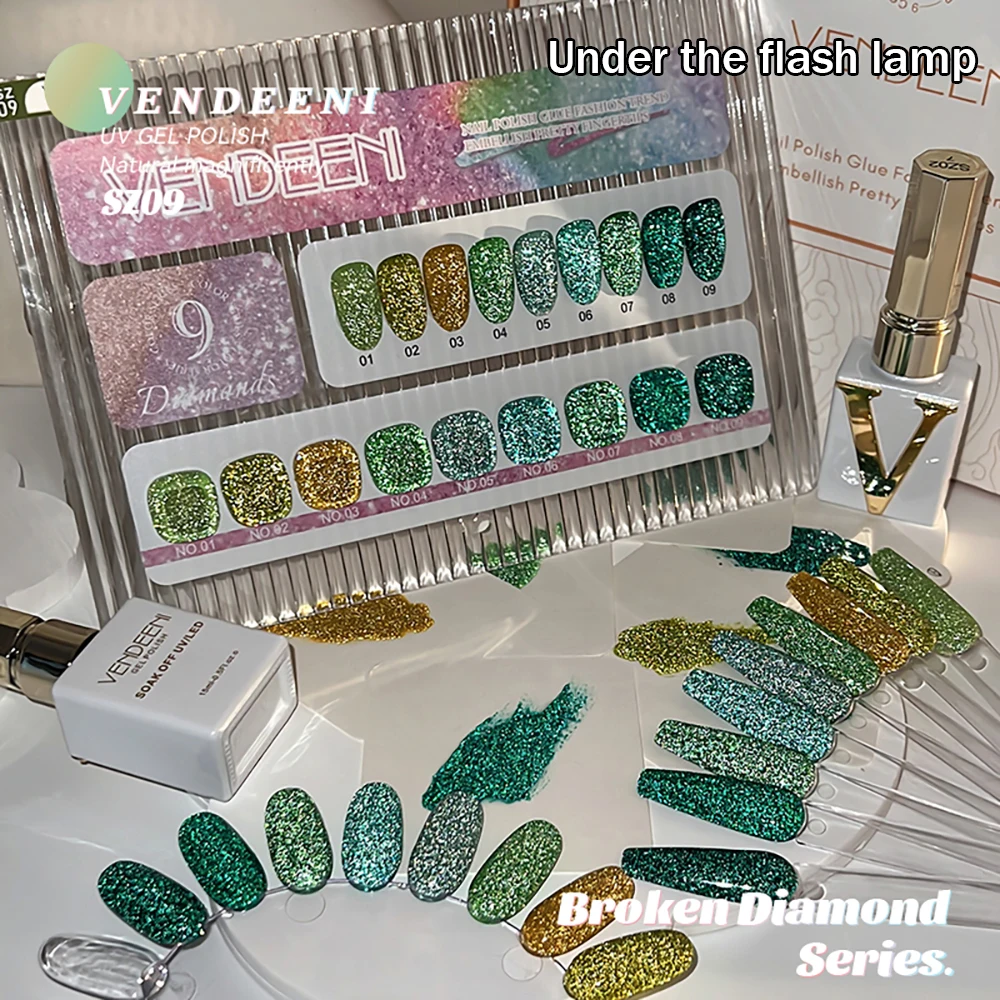 Vendeeni 9 Farben/Set Grüner Glitzer-Broken-Diamond-Gel-Nagellack TPO FREI Semi-Permanenter Glitzer-UV-LED-Gel-Lack mit Display – Detail 9