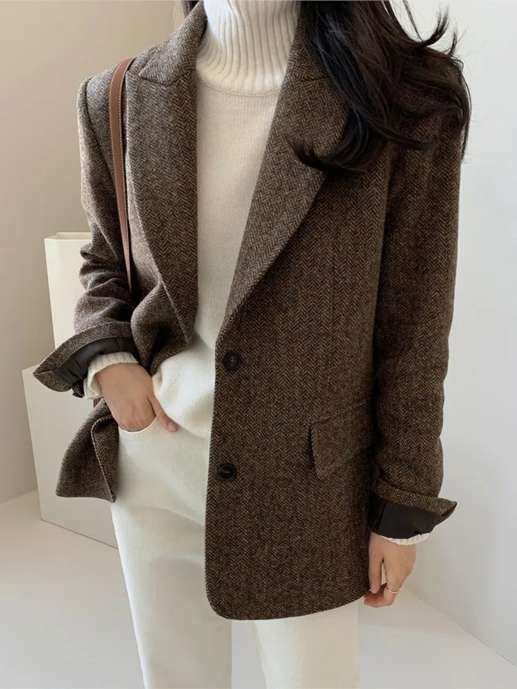 Wool Loose Blazer Coats Women Autumn Winter 2023 Fashion Office Button Up Turn Down Collar Coat Vintage Long Sleeve Chic Jacke