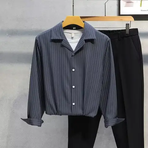 Herr Randig Långärmad Skjorta Vår Höst Ny Koreansk Affärs Lös Mångsidig Kappa Tonårsmode Casual Svarta Toppar Med Slagslag 6 best sales Koreansk svart skjorta för män - №6