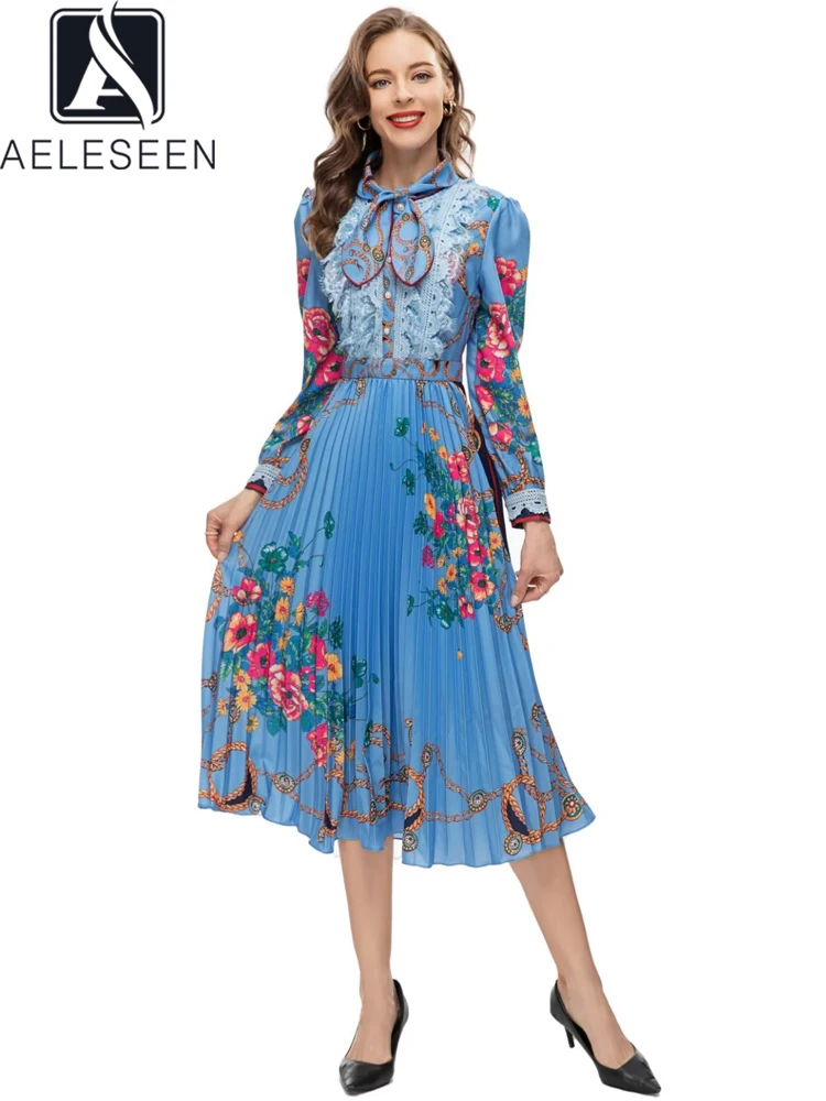 

AELESEEN Fashion Designer Women Dress Spring Autumn Bow Pearls Button Flower Print Blue Lace Patchwork Elegant Pleated Party