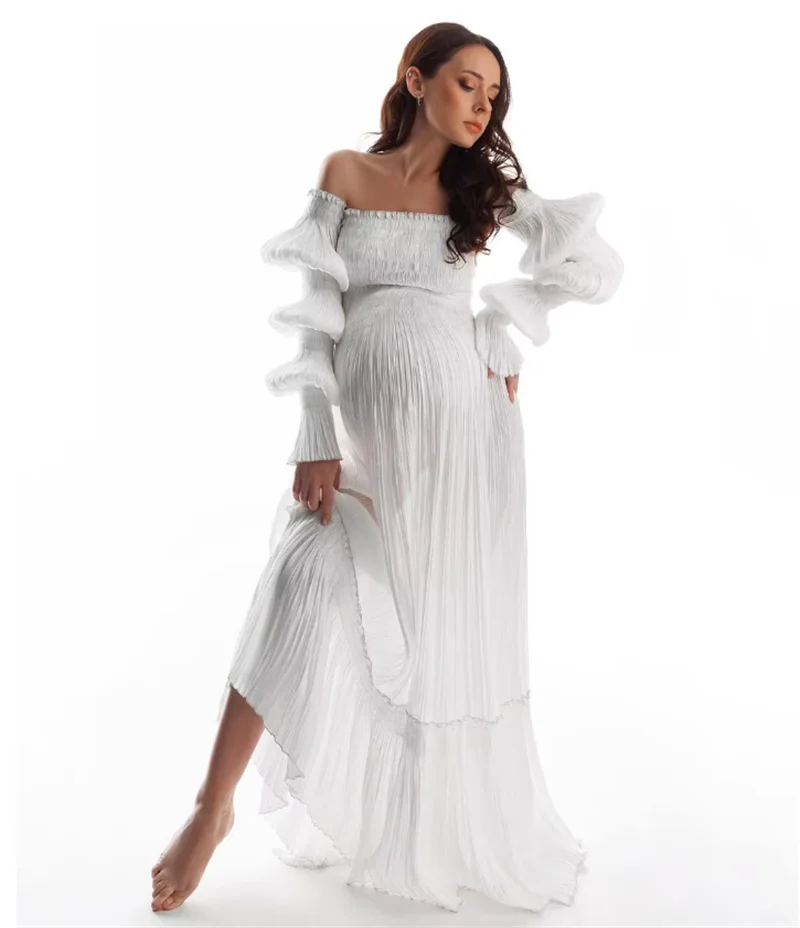 White Women Maternity Prom Dress For Photoshoot Pregnant Sexy Pleated Ruffles Bridal Morning Robe Customized Night Gown
