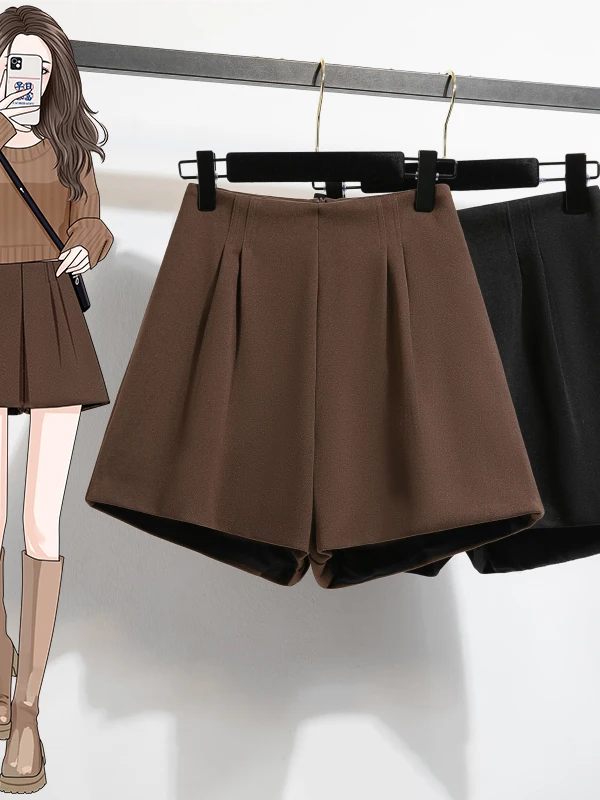 Khaki Woolen Short Pants Women's High Waist Wide Leg Boot Pants Casual A-Line Outerwear Autumn Winter plus Size Slimming