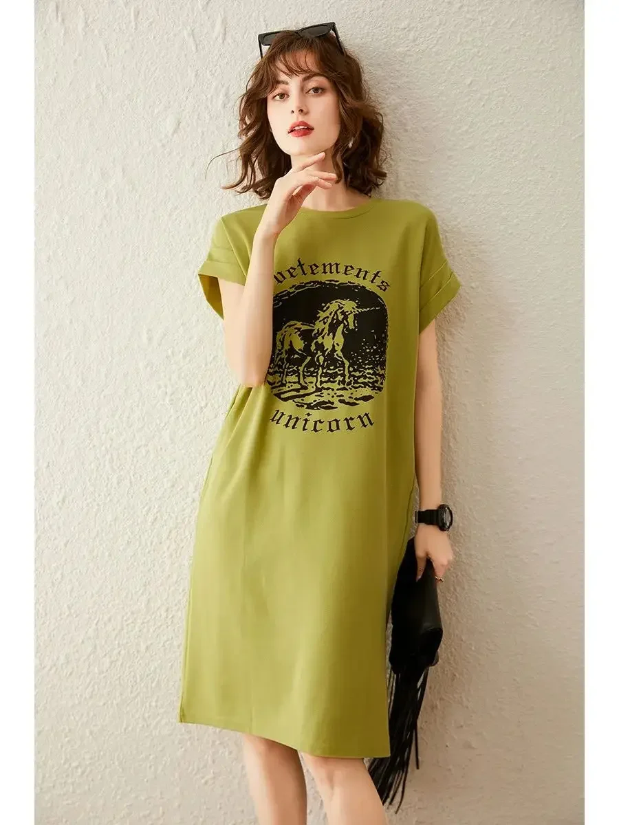 Louis Yao Frauen T-Shirt Kleid 2024 Sommer neue Retro-Print Loose Fit gerade Rundhals ausschnitt Kurzarm lässig Vent Kleid für Frauen