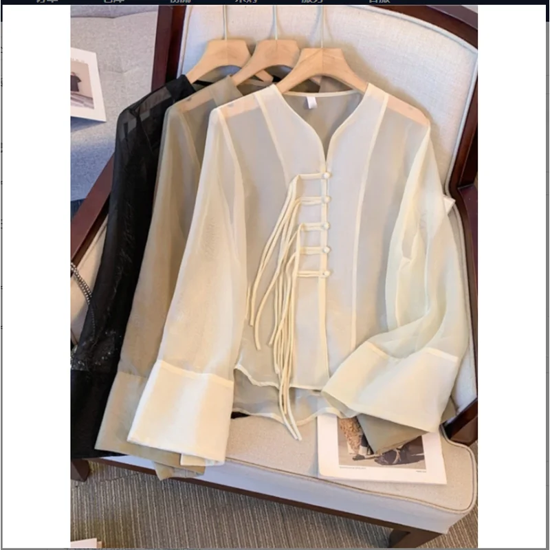 

2025 new chinese style v-neck mesh chiffon retro elegant Women tang suit blouse summer sunscreen long sleeve daily blouse Female