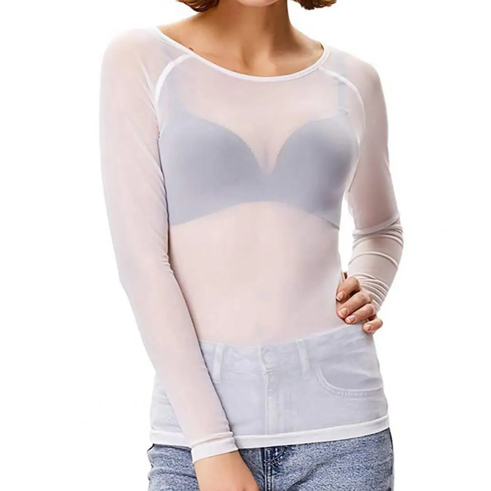 Blusa de malla transparente para mujer, Top elegante de manga larga con cuello redondo, Camisa ajustada, Top de gasa transparente con protección solar para verano