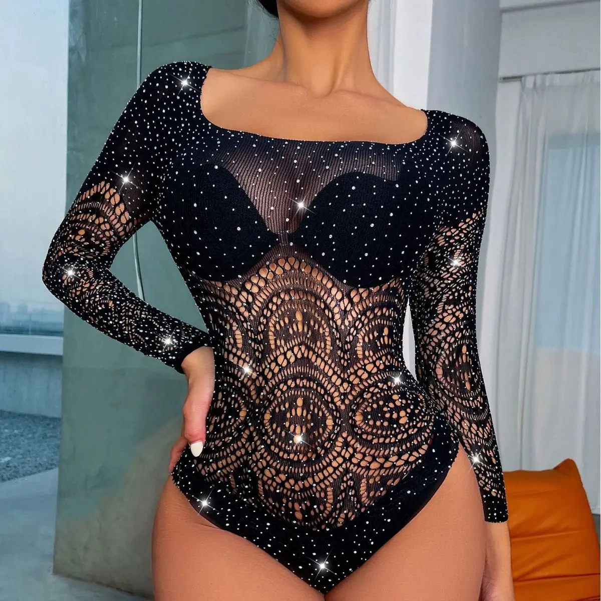 New sexy erotic lingerie bodysuit long-sleeved mesh dress diamond package hip skirt