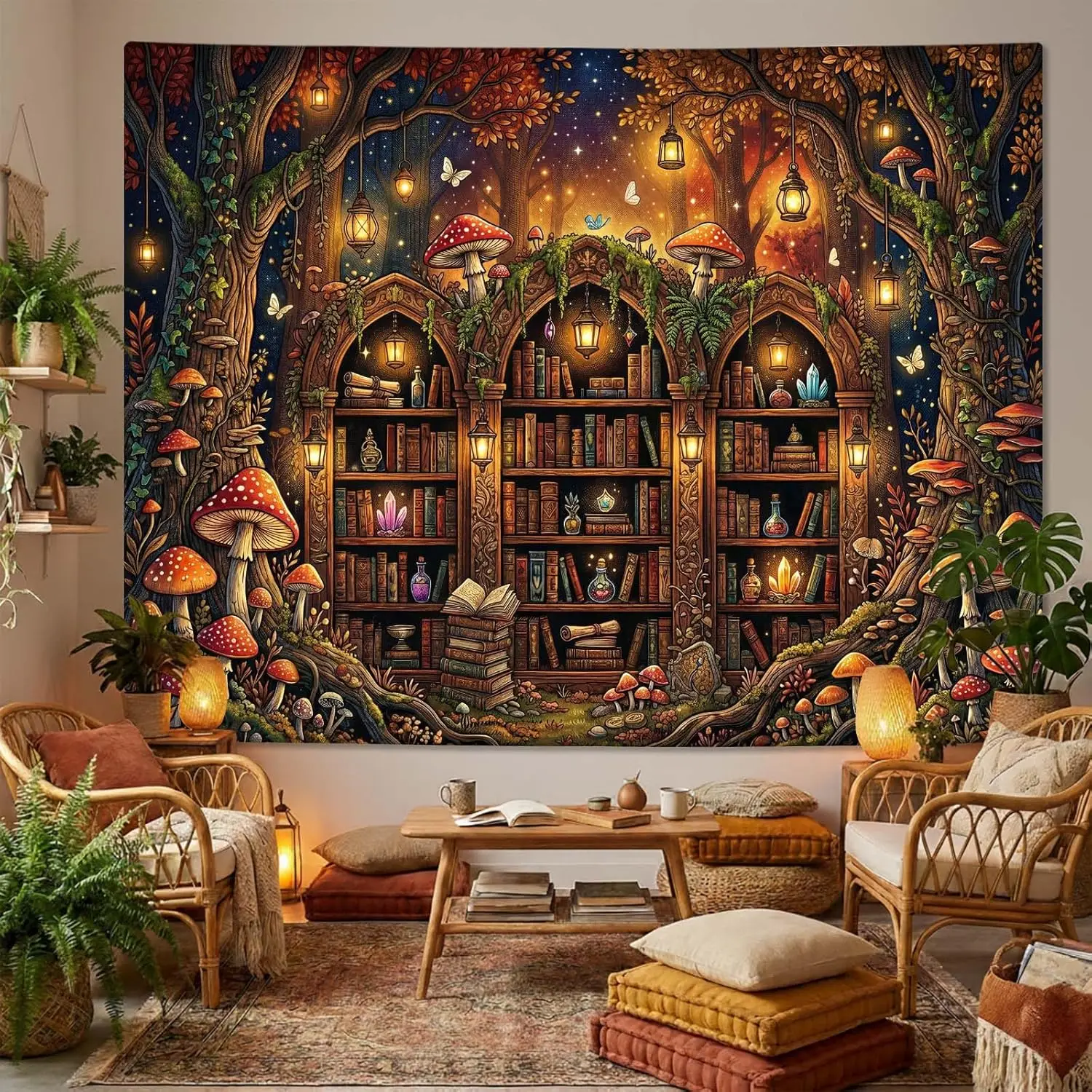 Alchemist's Forest Archive Tapestries Secret Wizardry Library Tapestries Mystic Potion and Crystal Wall Tapestry Enchanted Study