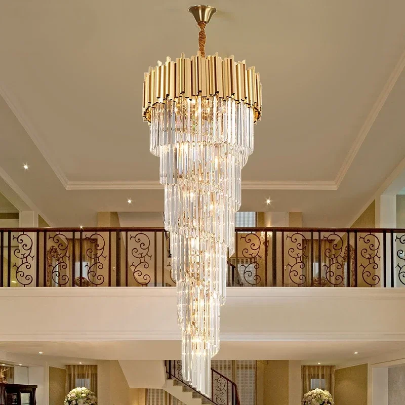 Modern Crystal Chandelier Long Villa Hanging Light Fixture for Staicase Large Home Decor Gold Stainless Steel Led Pendant Lamp