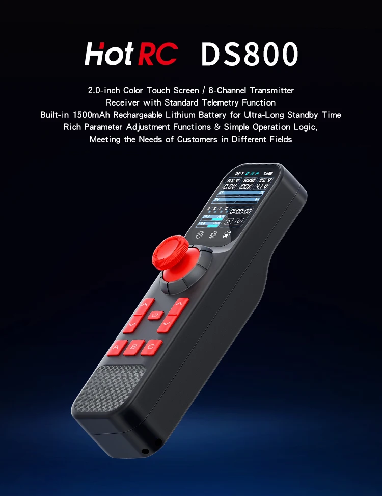 Mais novo transmissor de sistema de rádio HOTRC DS-800 8CH 2.4G 2 polegadas tela colorida sensível ao toque controle remoto receptor F-08A para barco RC